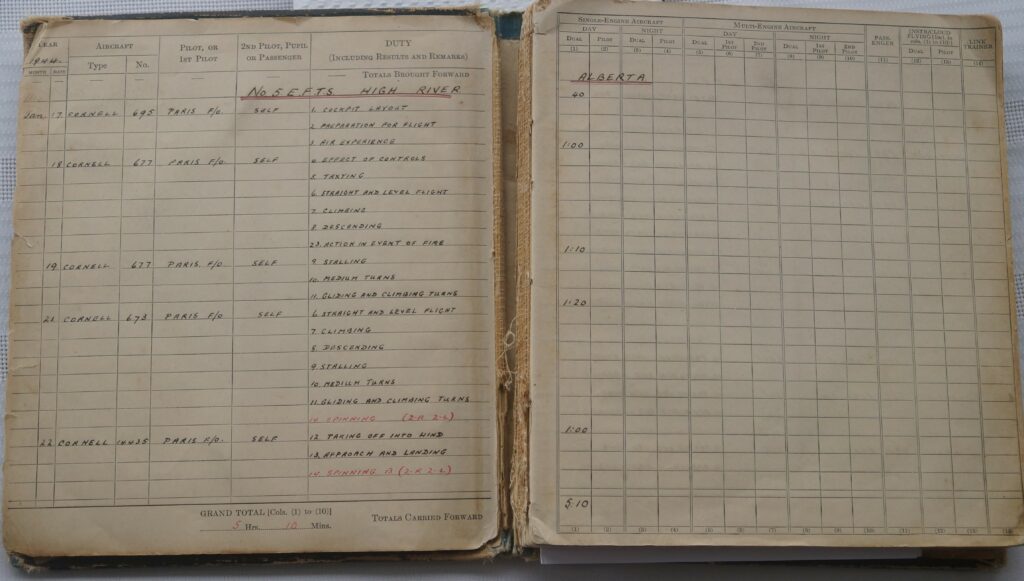 The first page with flights in Cyril Devaux's log book.